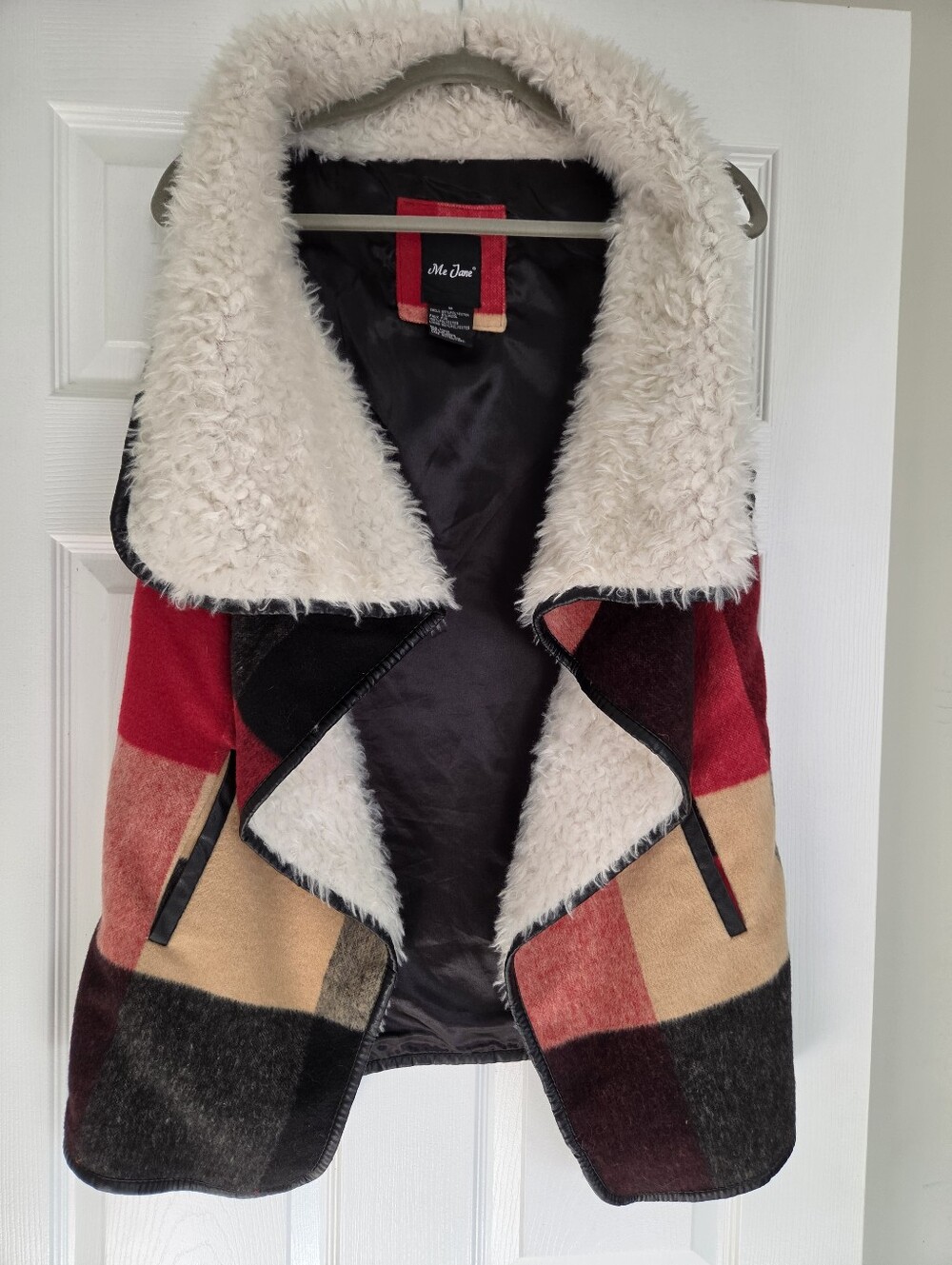 Me Jane Wool Faux Fur Plaid Vest Red Black Yellow Size Medium